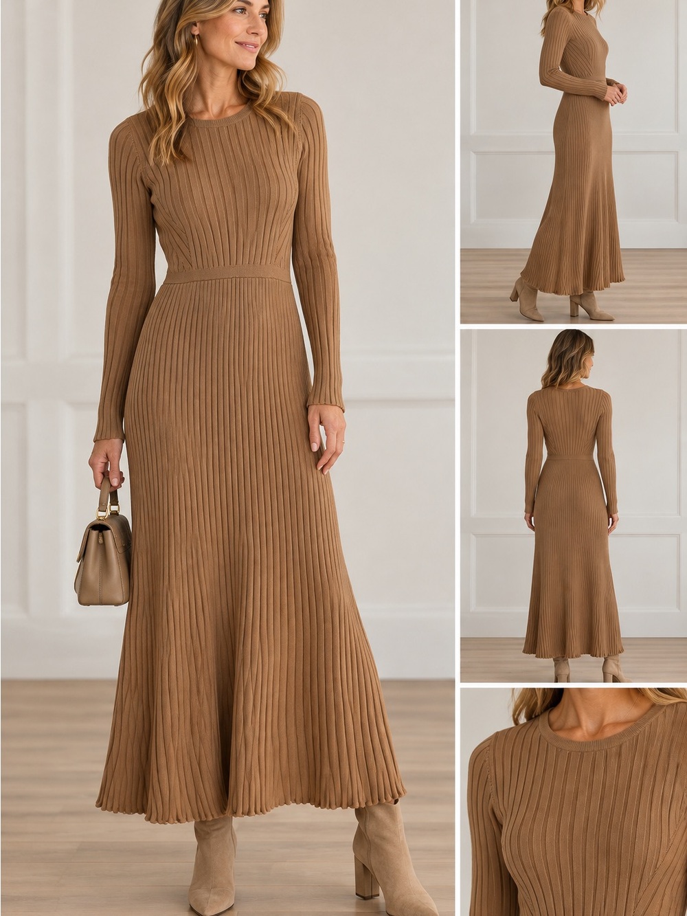 Express Long Ribbed Maxi Dress in Camel